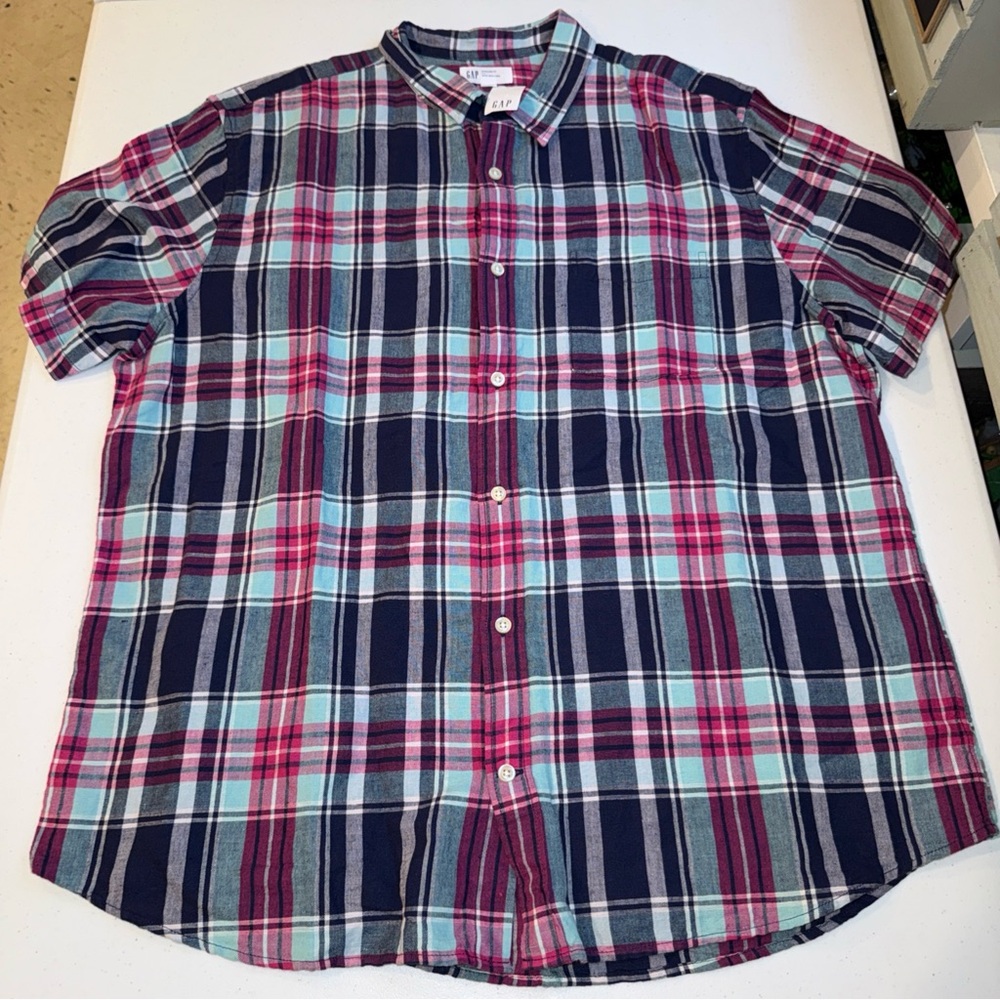Gap Shirt Mens Extra Large Plaid Linen Blend Button‎ Up Short Sleeve NWT New
